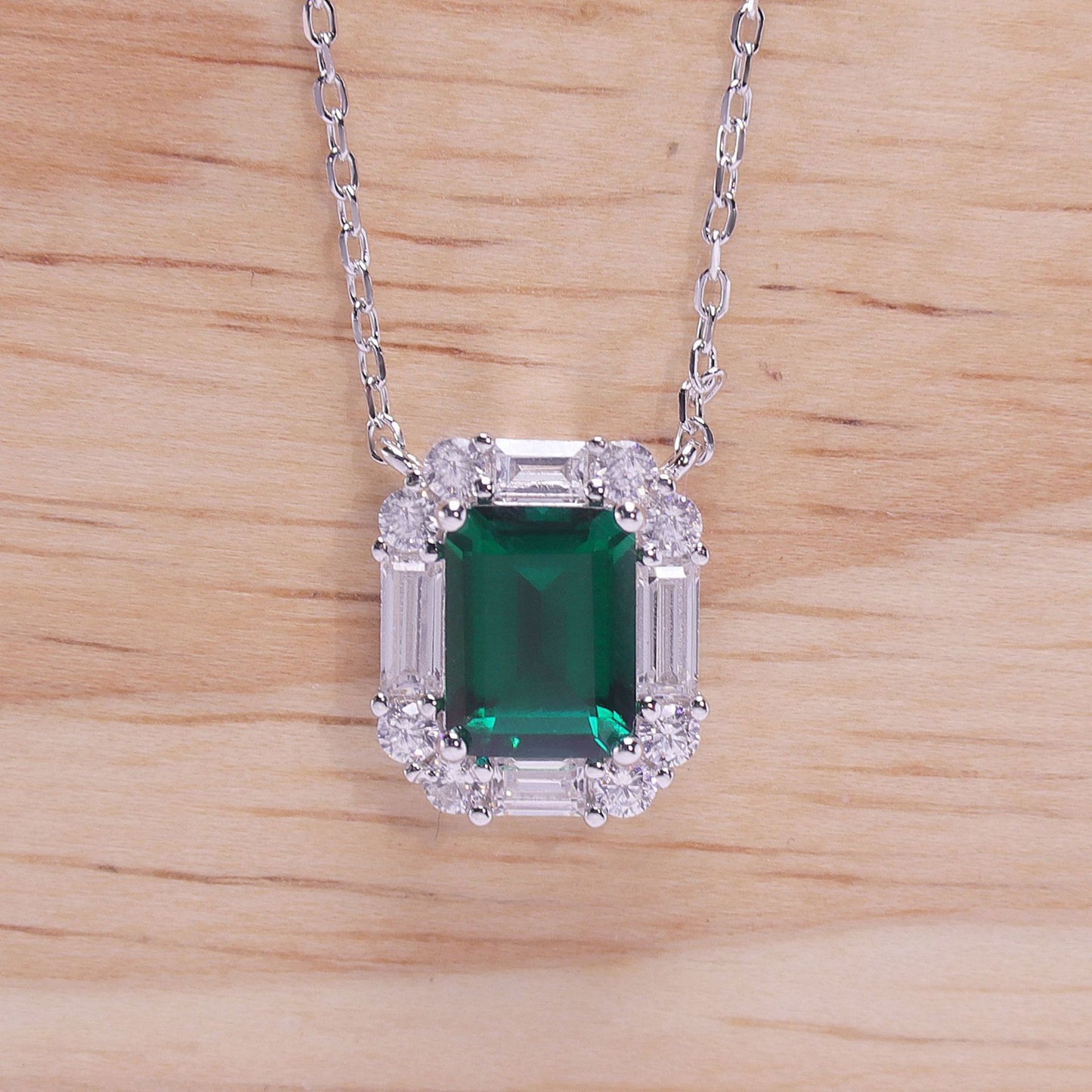 Lab-Created Emerald Rectangle Vintage Silver Necklace for Women