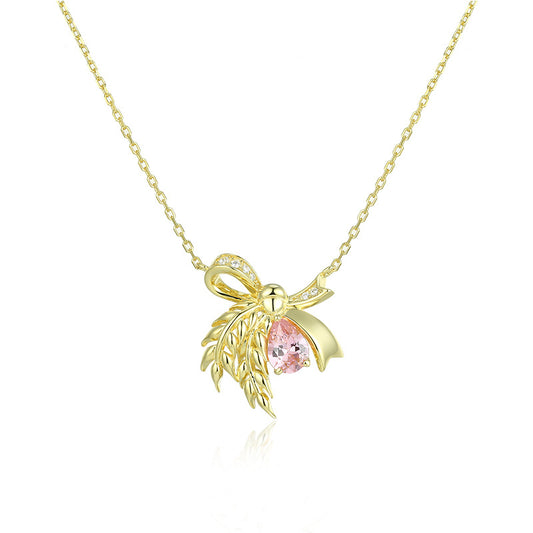 Wheat Bow with Pink Zircon Pendant Silver Necklace for Women