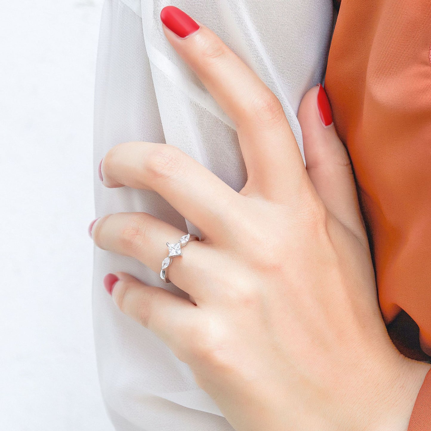 Princess Cut and Marquise Zircon Silver Ring