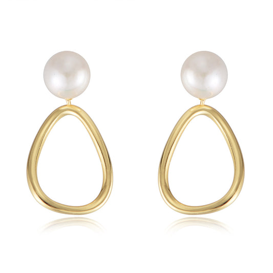 Pearl with Hollow Egg Shape Silver Drop Earrings for Women