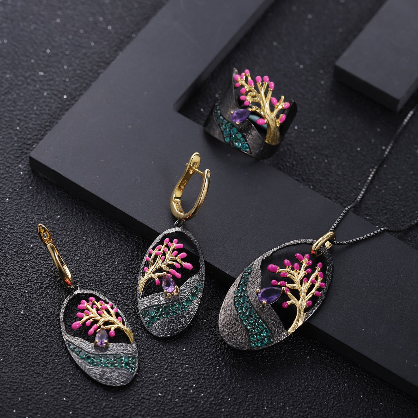 Italian Tree Design s925 Sterling Silver Enamel Drop Earrings for women
