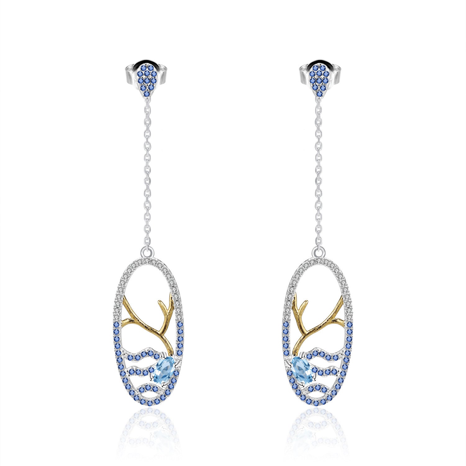 Natural Topaz Lake In Oval Long Design Silver Drop Earrings for Women