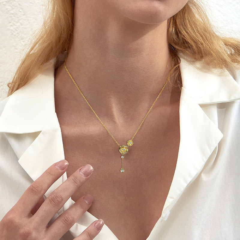 Double Camellia Tassel Zircon Silver Necklace for Women