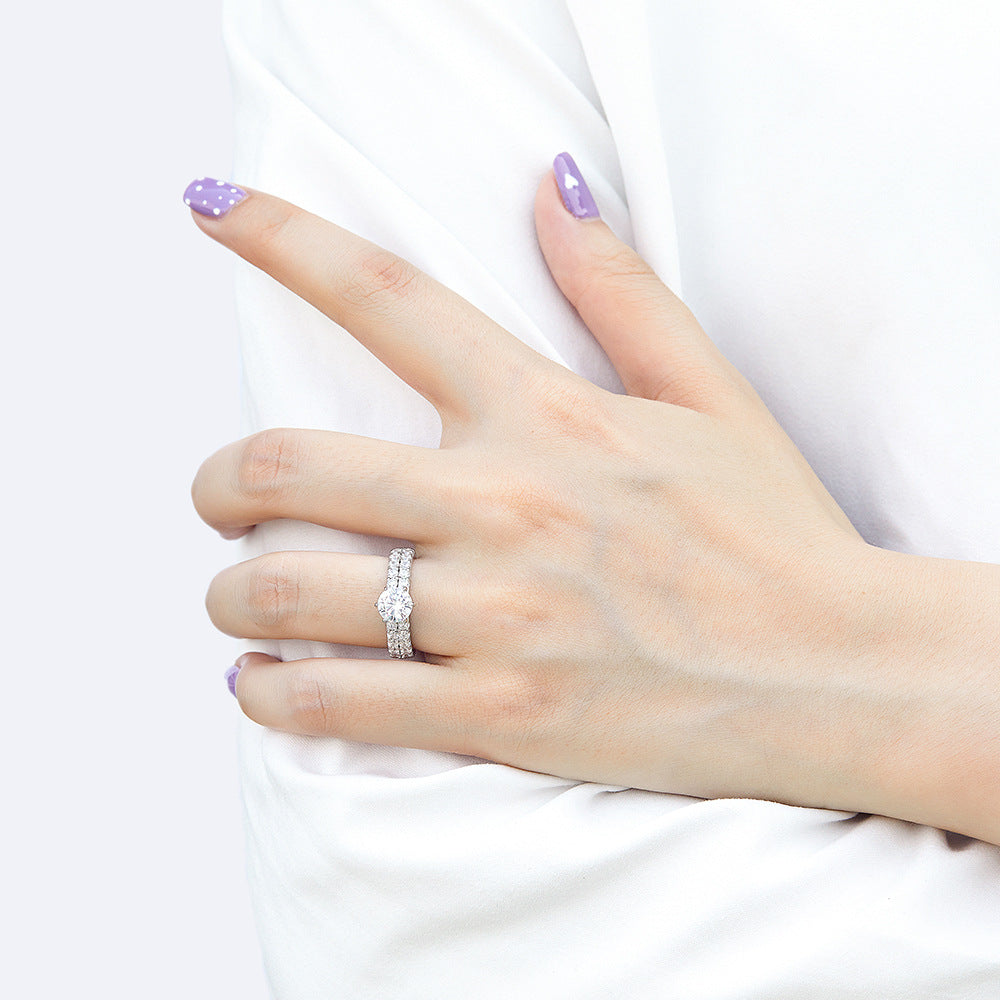 (1.0CT) Six Prongs Round Zircon Double-row Cathedral Silver Ring for Women