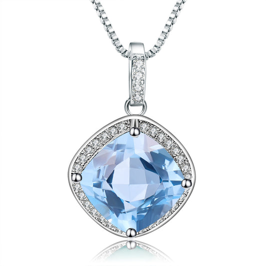 European Simple Fashion Style Inlaid Natural Topaz Soleste Halo Pendant Silver Necklace for Women