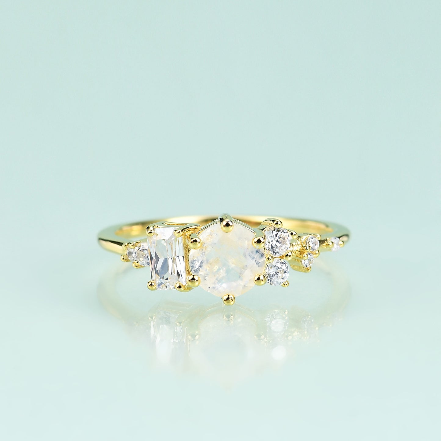 Jubilee S925 Sterling Silver inlaid Natural Moonstone Ring plated 14k Gold Ring for Women