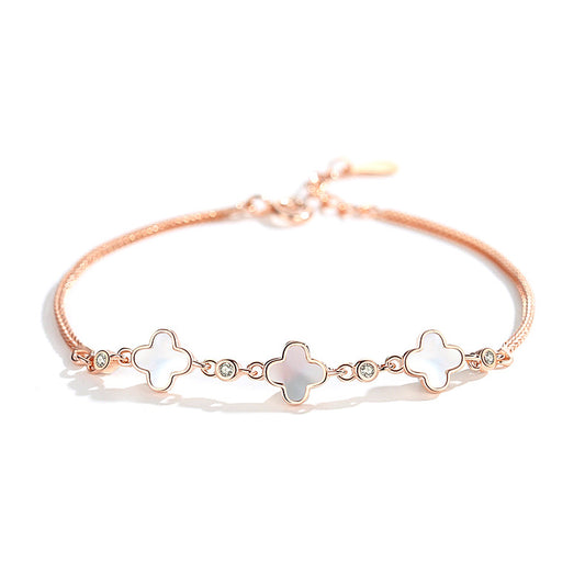 Mother-of-pearl Four Leaf Clover with Zircon Silver Bracelet for Women