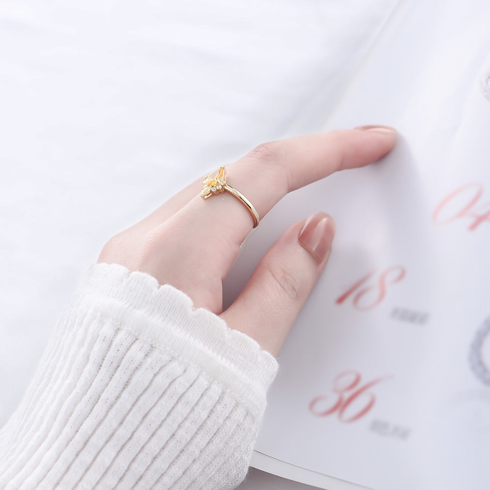 Yellow Zircon Water Droplet Crown Design Sterling Silver Ring for Women