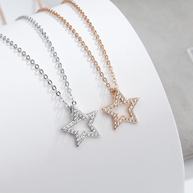 Hollow Zircon Star Pendant Silver Necklace for Women