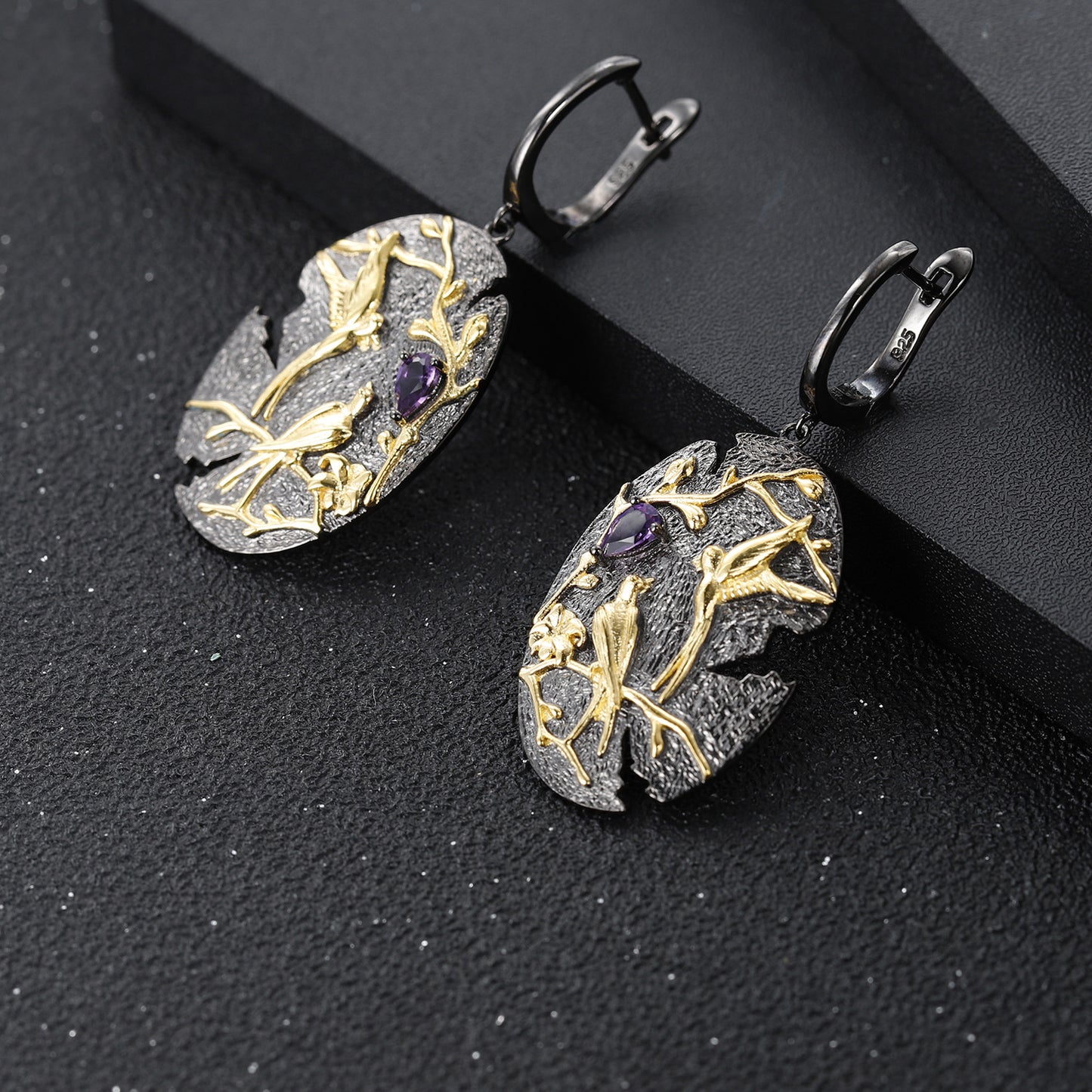 Chinese Style Magpie Design 925 silver Color Natural Amethyst Drop Earrings for Women