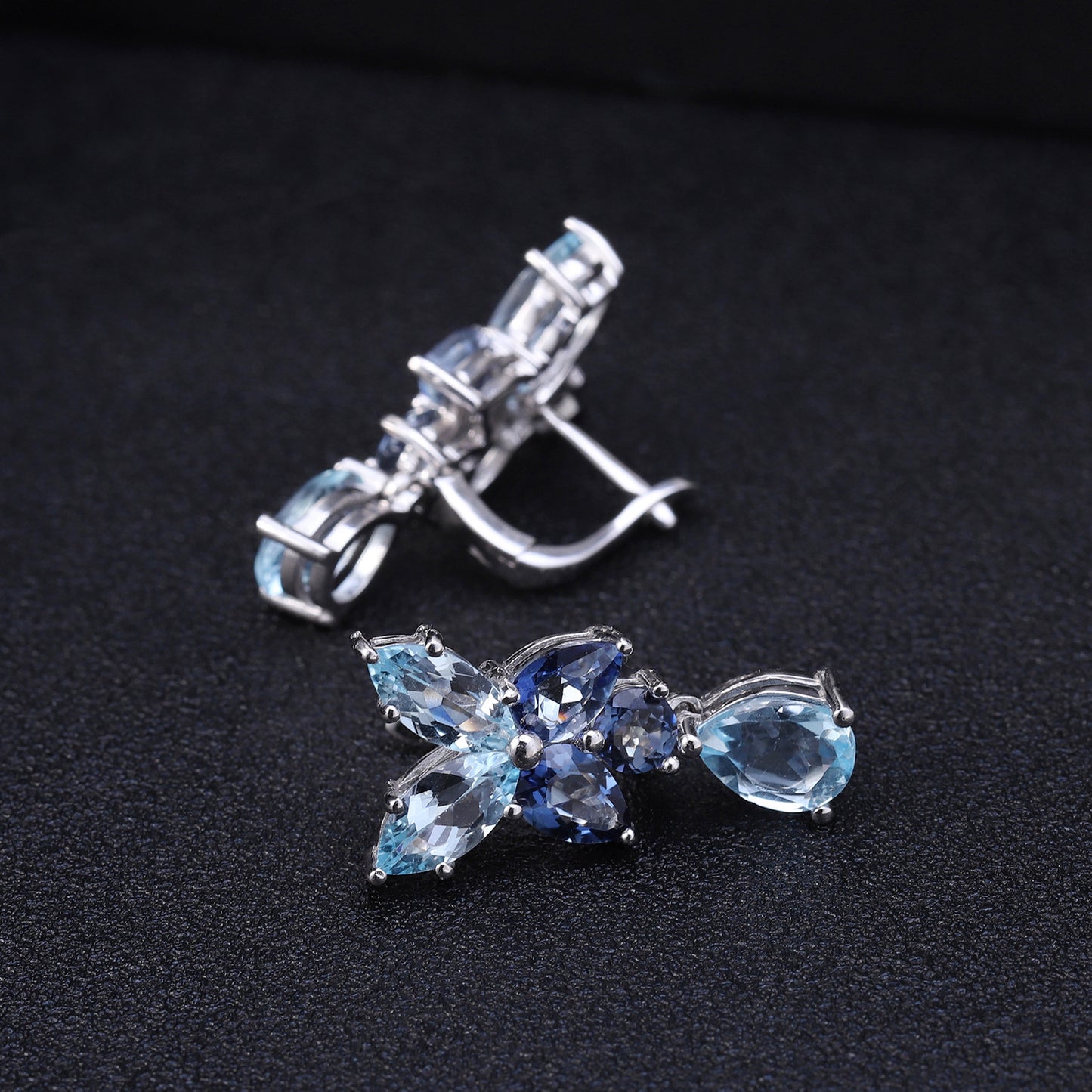 European Retro Natural Topaz Flower with Pear Drop Silver Drop Earrings for Women
