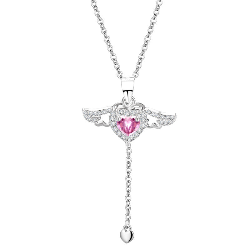 (Two Colours) Zircon Cubitt Heart with Active Wings Pendants 925 Silver Collarbone Necklace for Women
