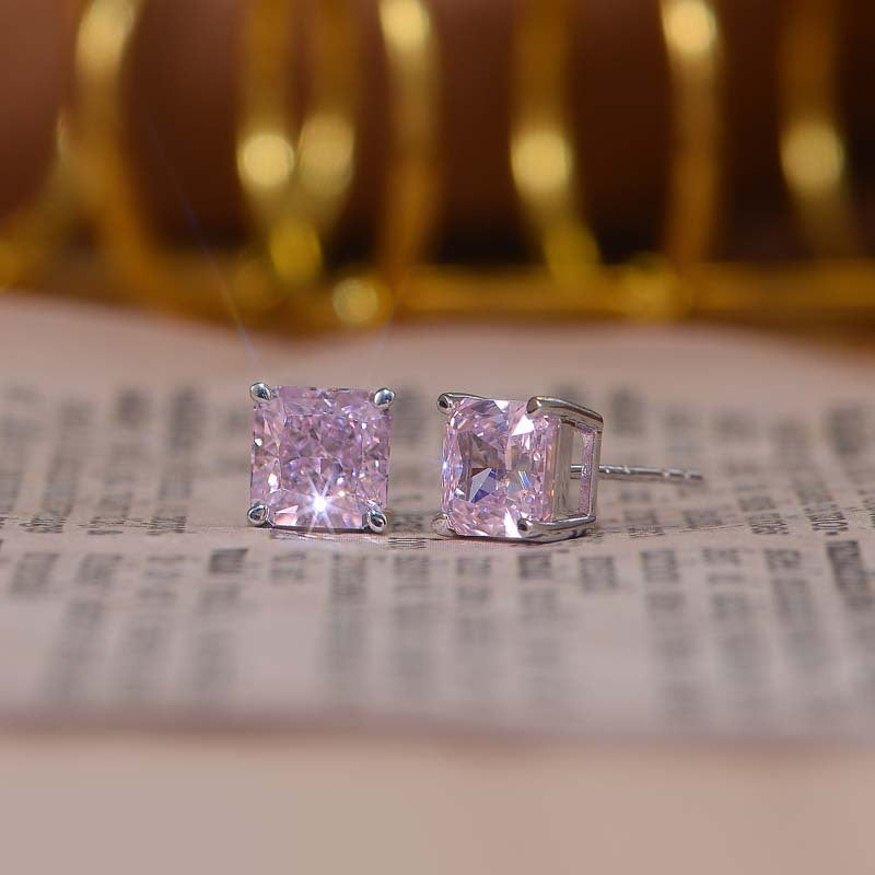 Pink Zircon 7*7mm Cushion Ice Cut Four Prongs Silver Studs Earrings for Women