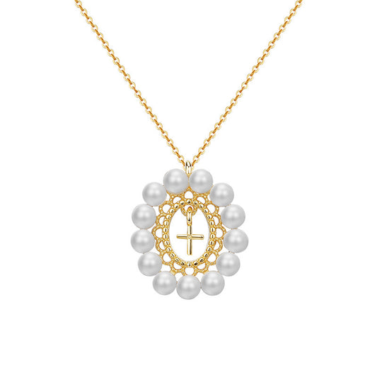 Pearl Circle with Cross Pendant Silver Necklace for Women