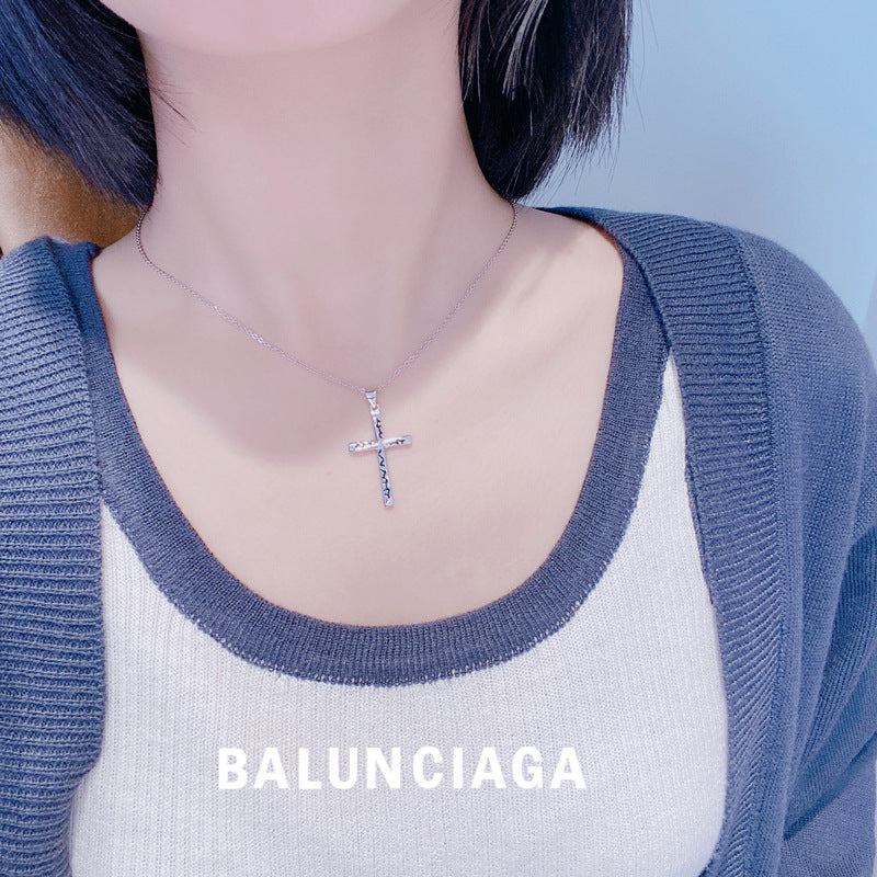 Decorative Pattern Cross Pendant Silver Necklace for Women
