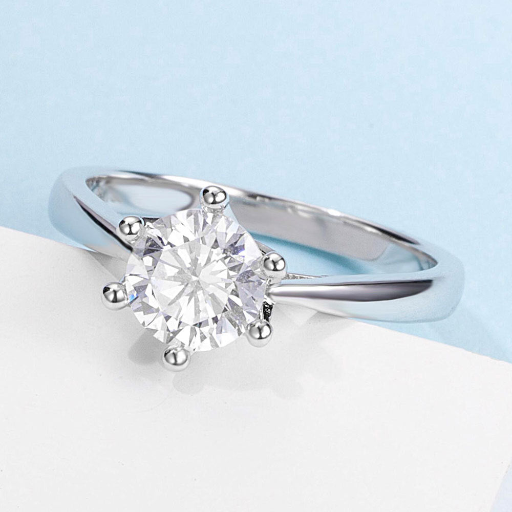 Crown Six Prongs 1.0 Carat Round Cut Moissanite Engagement Ring