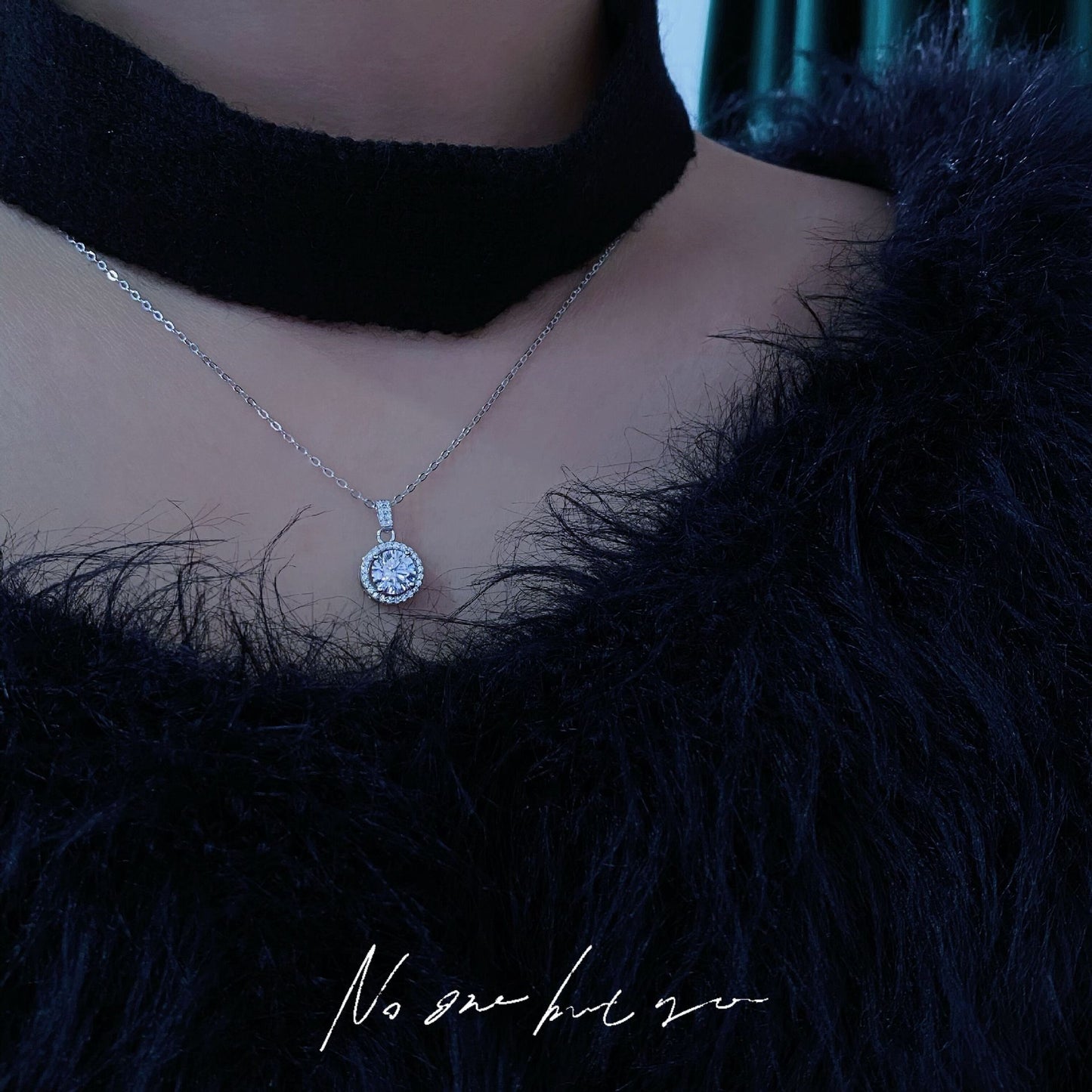 Round Zircon Soleste Halo Pendant Silver Necklace for Women