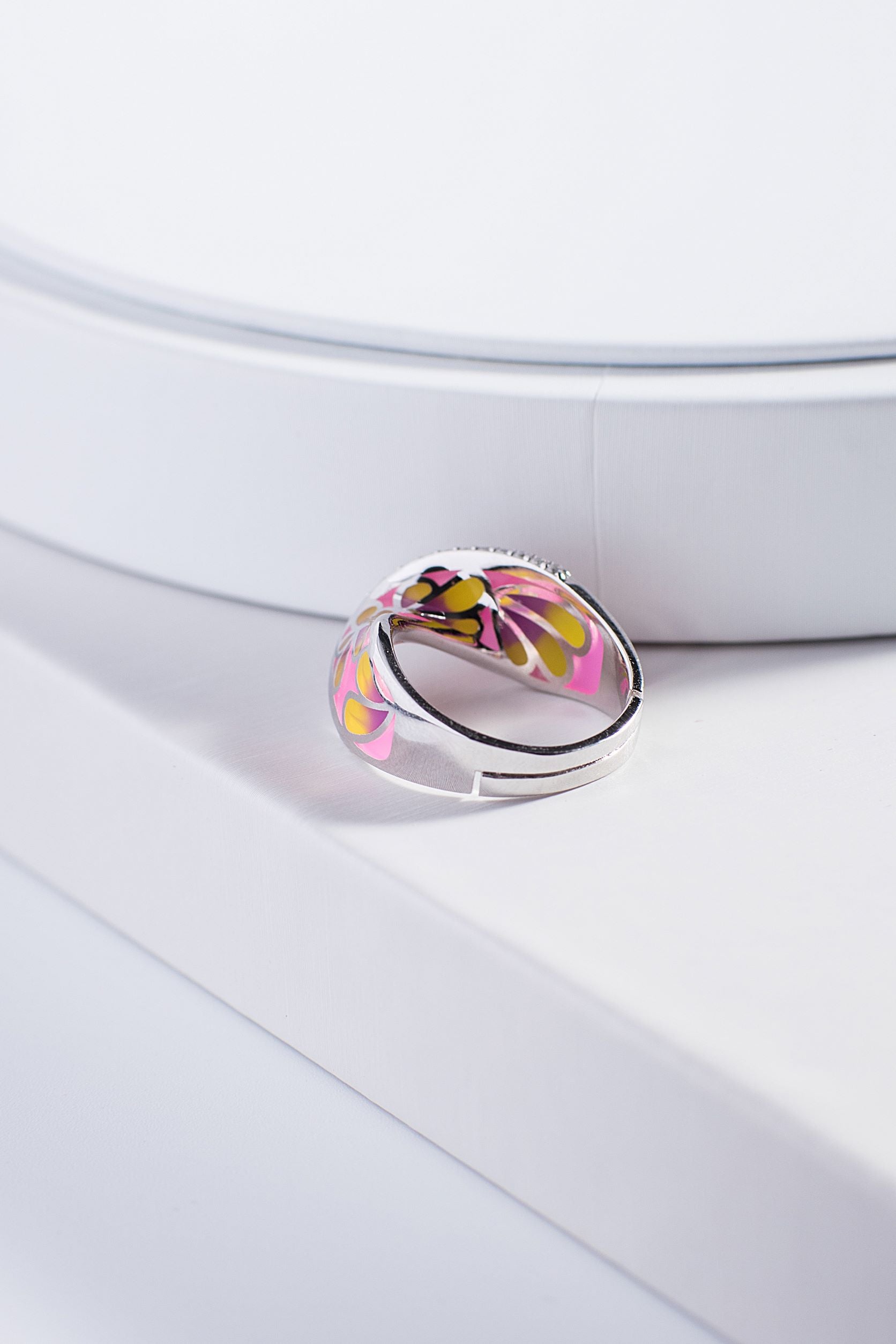 Pink Twist Lines Enamel Silver Ring for Women