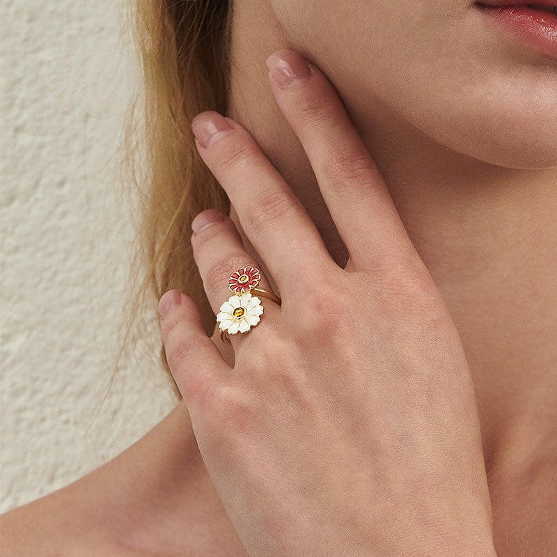 Double Daisy Flowers with Yellow Zircon Silver Ring for Women