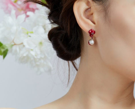 Red Ornamental Sceptre Enamel with Pearl Silver Drop Earrings for Women