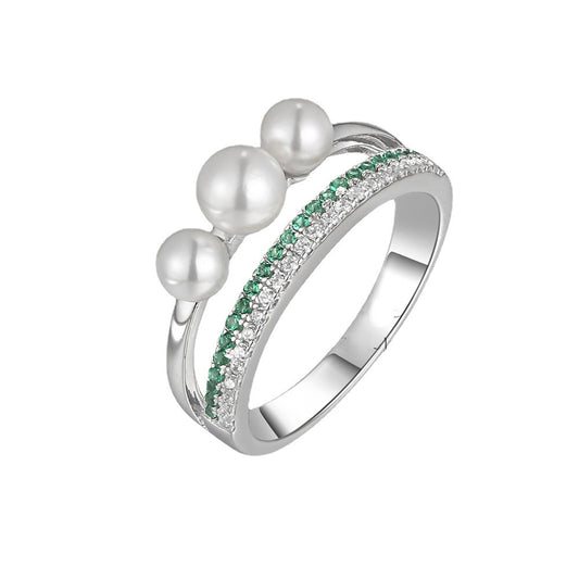 Green and White Zircon with Freshwater Pearl Double Layers Silver Ring for Women