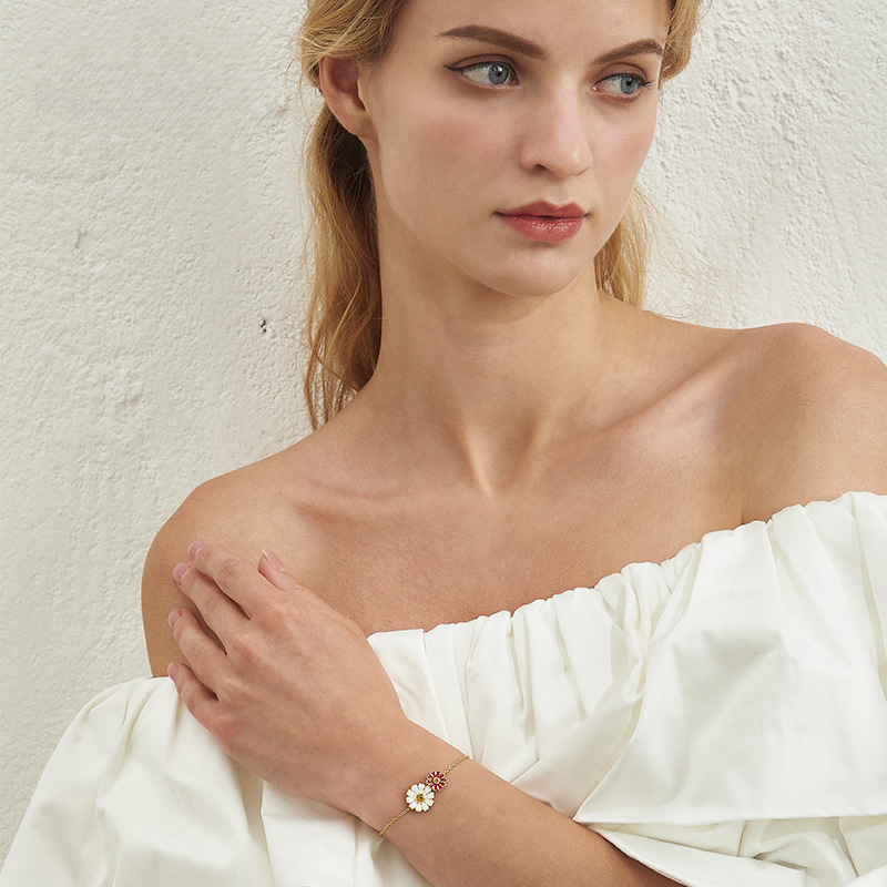 Double Daisy with Yellow Zircon Silver Bracelet for Women