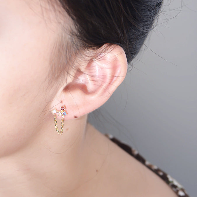 Asymmetric Colourful Zircon Chain Silver Studs Earrings for Women