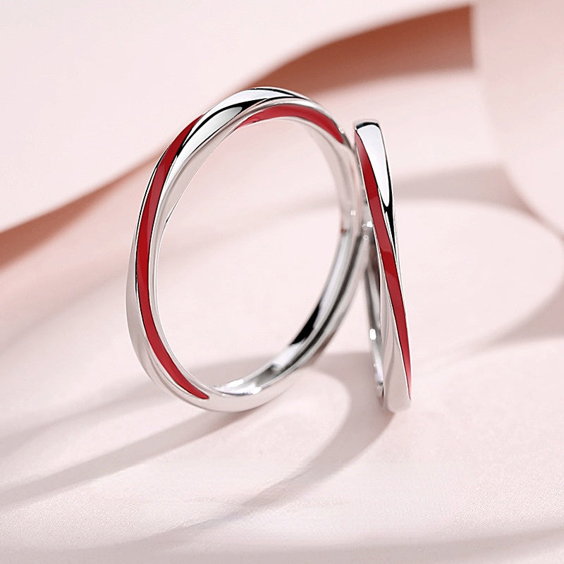 Red Enamel Silver Couple Ring