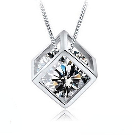 (Pendant Only)  Cube with Zircon Silver Pendant  for Women
