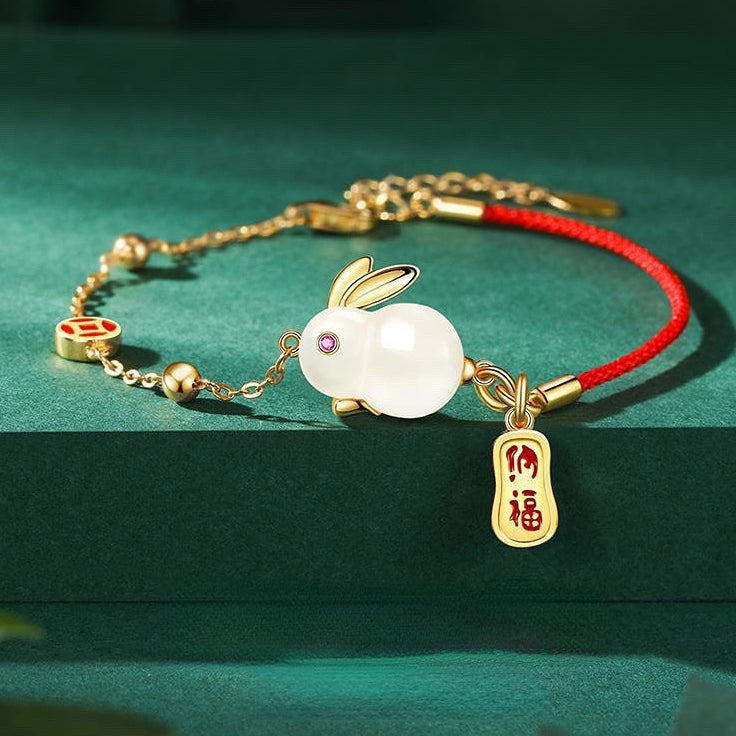 Nephrite Rabbit Silver Bracelet with Red Rope for Women
