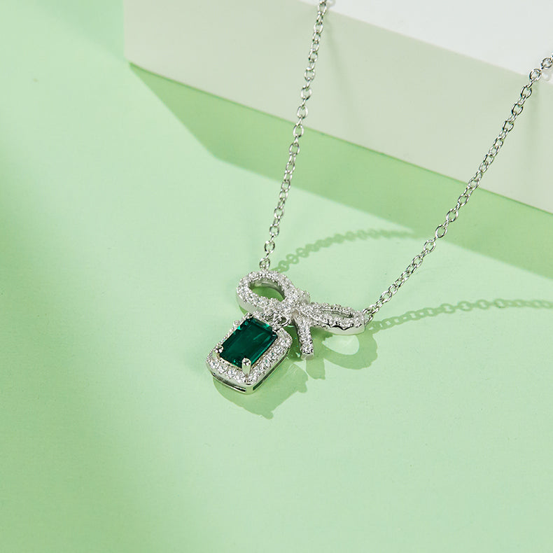 Green Zircon Stone Solitaire Drop Bowknot Rectangle Necklace for Women