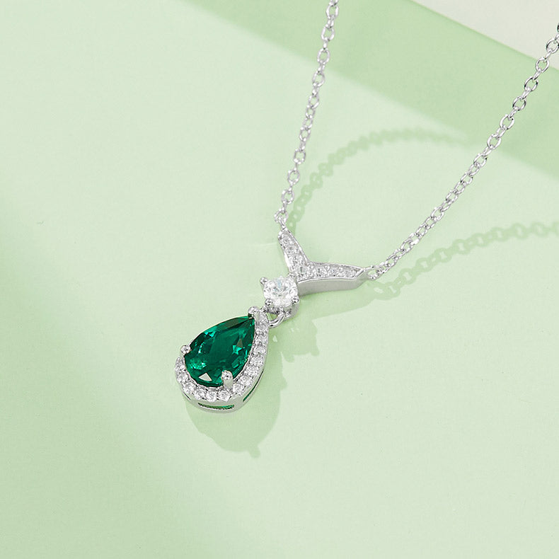Green Zircon Stone Solitaire Water Droplet Necklace for Women