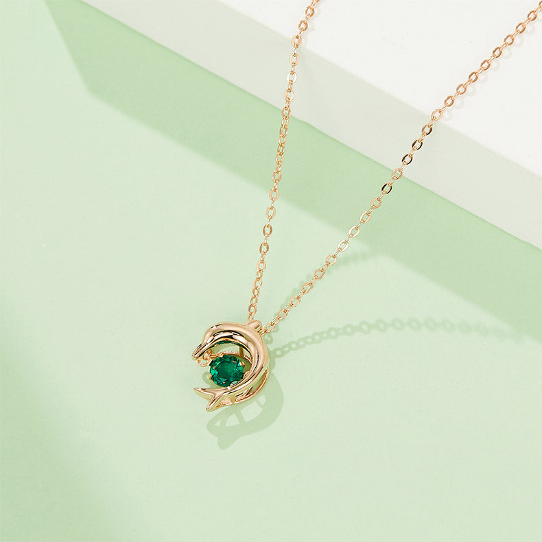 Green Zircon Stone Solitaire Drop (Rose Gold Colour) Dolphin Necklace for Women