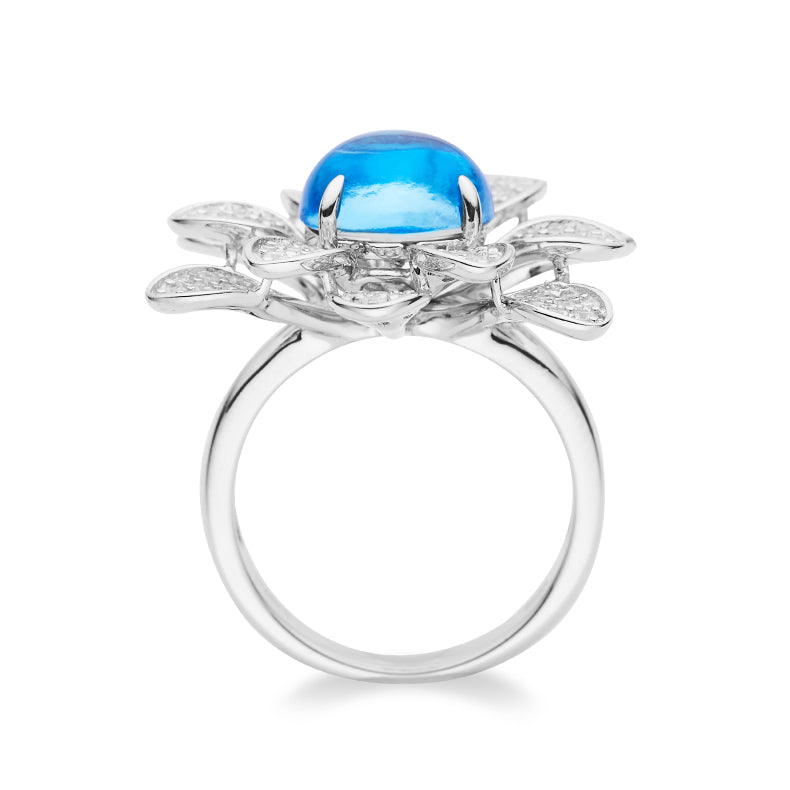 Blue Topaz Stone Solitaire Flower Ring for Women