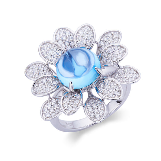 Blue Topaz Stone Solitaire Flower Ring for Women