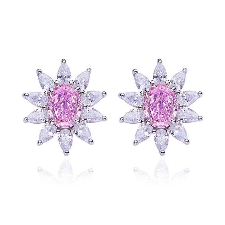 Pink Zircon(3.2CT) Stone Flower Studs for Women
