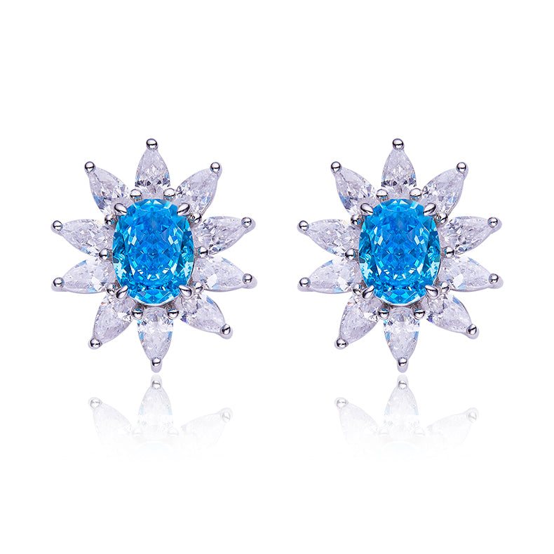 Blue Zircon(3.2CT) Stone Flower Studs for Women