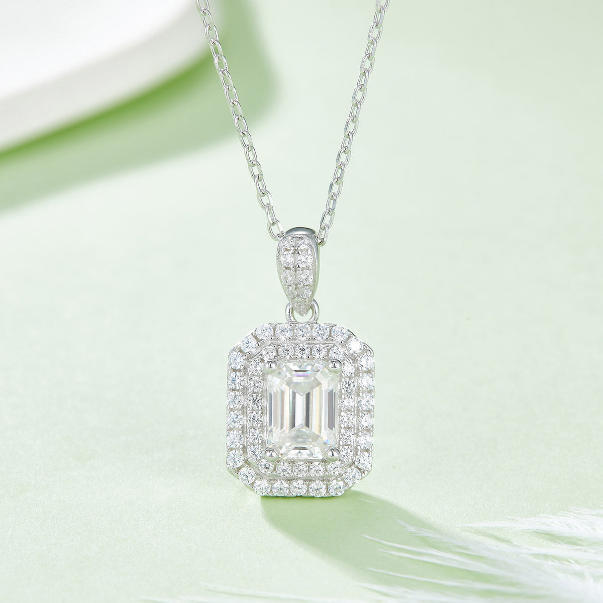 1.0CT Moissanite Vintage Rectangle Luxurious Soleste Halo Plated Platinum Necklace for Women