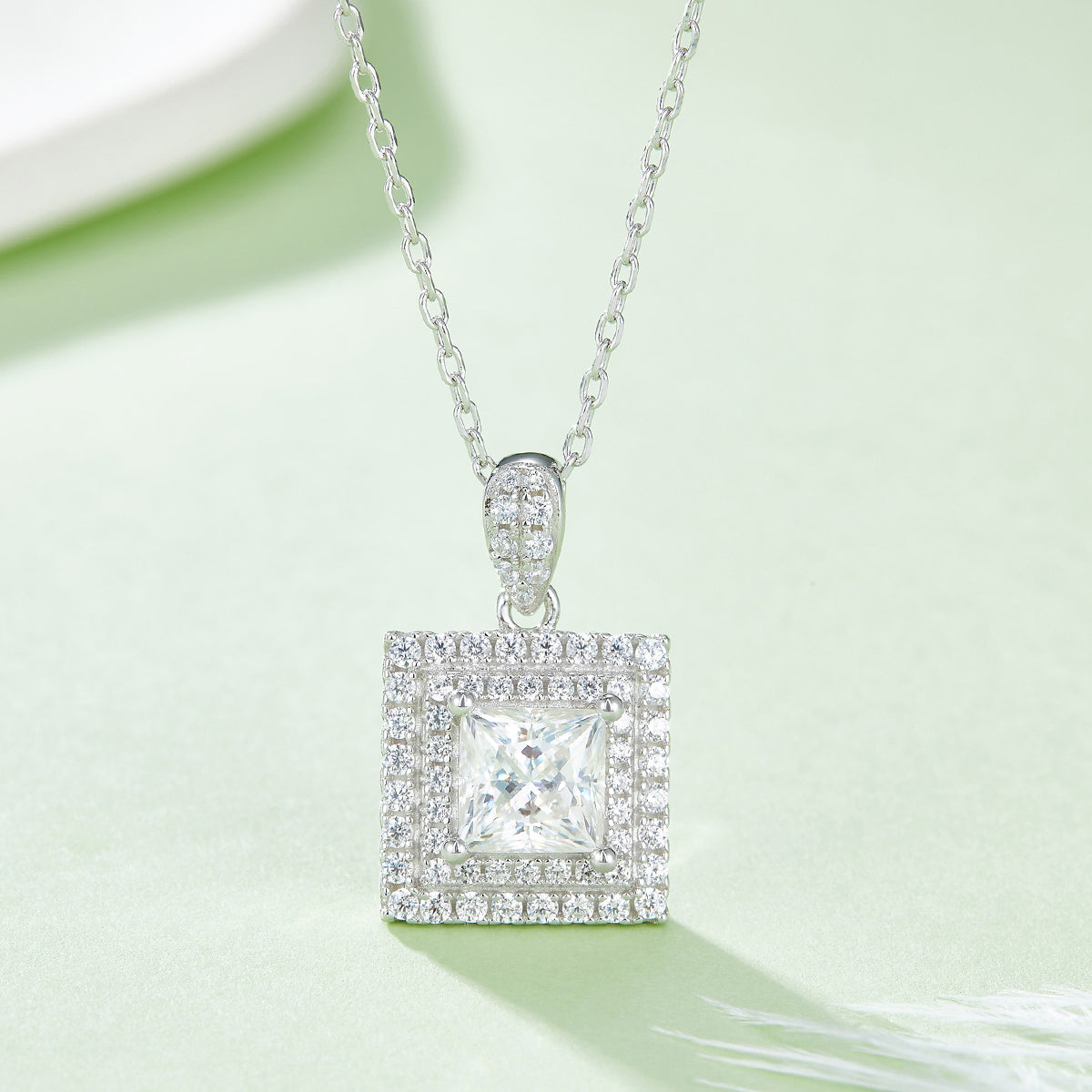 1.0CT Moissanite Square Luxurious Soleste Halo Plated Platinum Necklace for Women