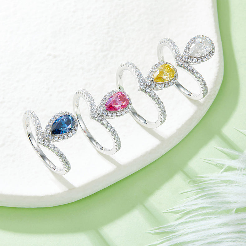 (Four Colours) 1.0CT Moissanite Pear Drop Soleste Halo-Platinum Plated-V Shape Cathedral Ring for Women