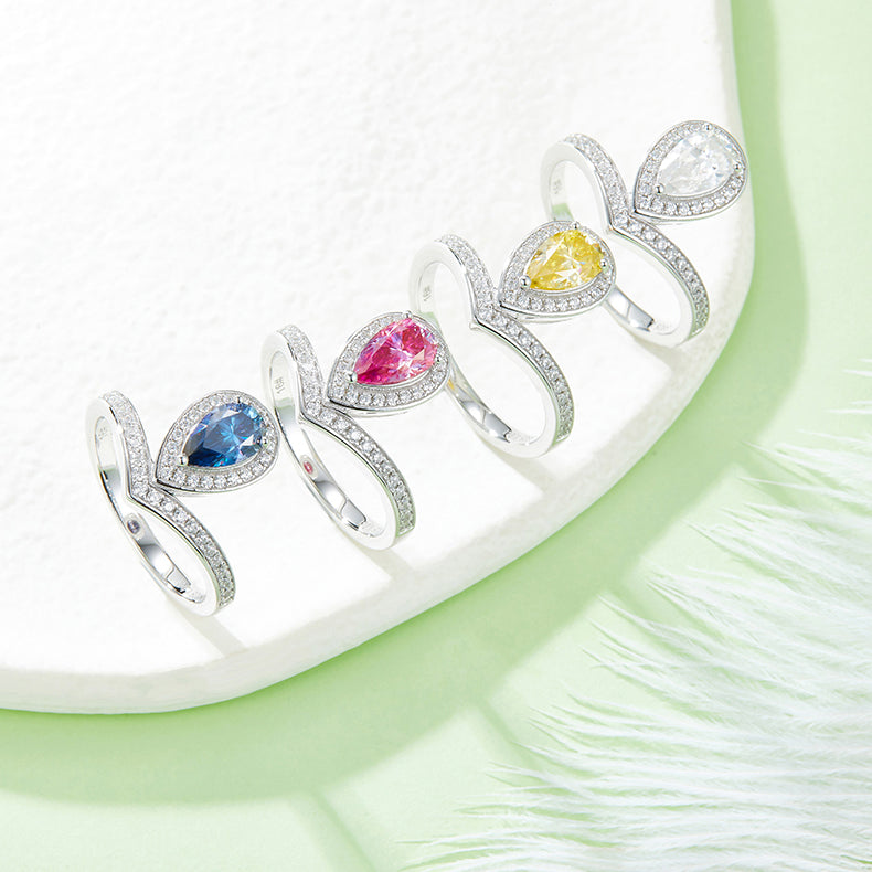 (Four Colours) 1.0CT Moissanite Pear Drop Soleste Halo-Platinum Plated-V Shape Simplicity Ring for Women