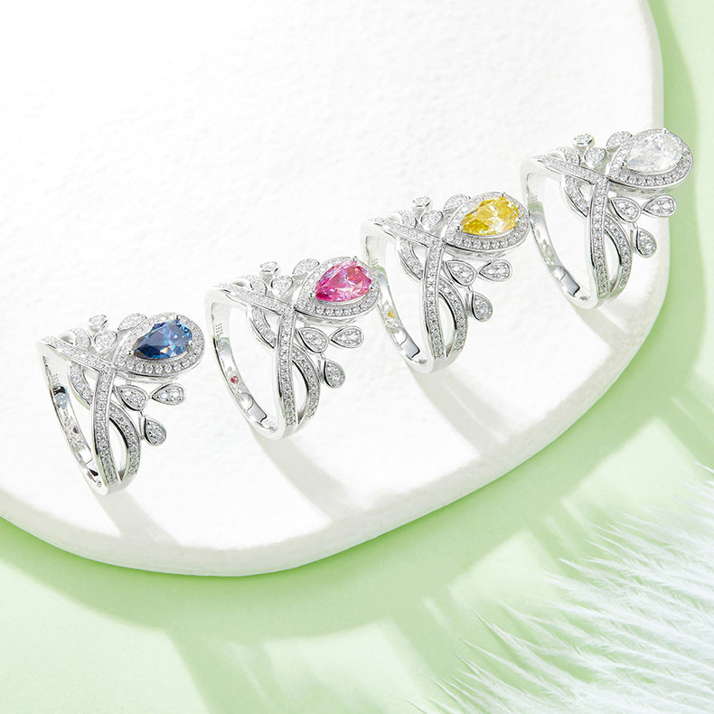 (Four Colours) 1.0CT Moissanite Pear Drop Soleste Halo-Platinum Plated- Luxurious V Crown Ring for Women