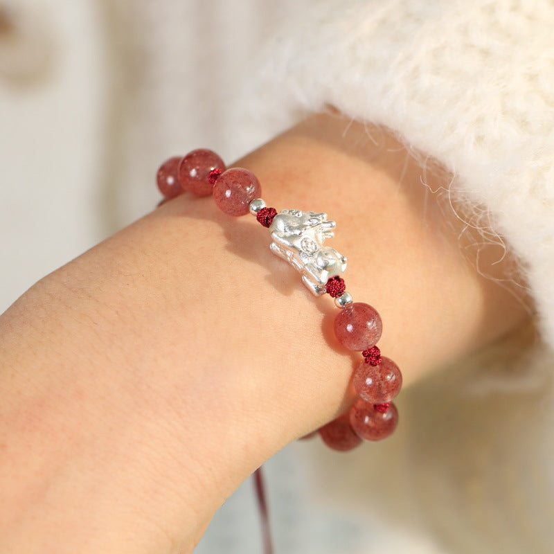 Strawberry Crystal Woven Rope Silver Bracelet with Pixiu Wealth Calling
