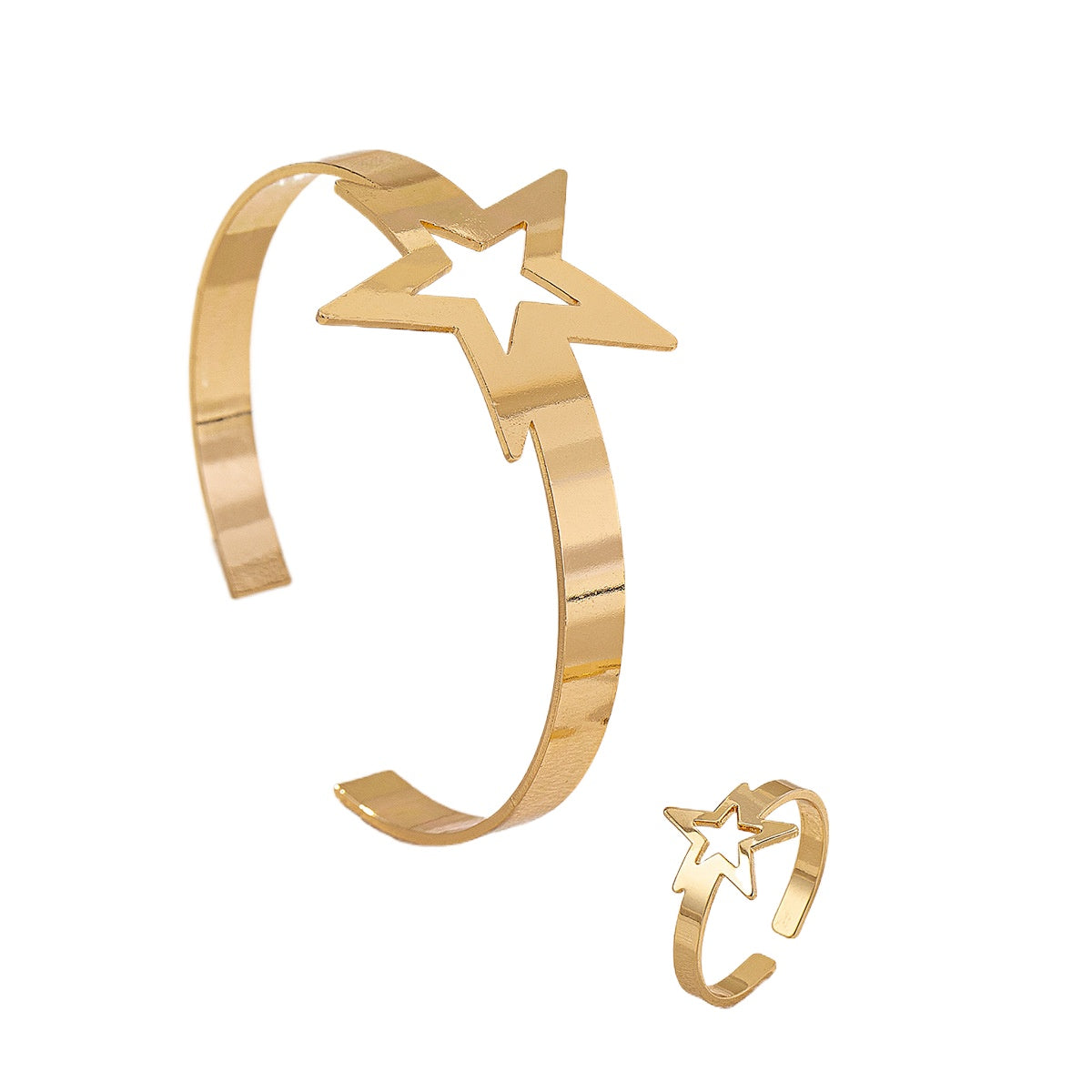 Minimalist Metal Pentagram Bracelet and Ring Set for Women