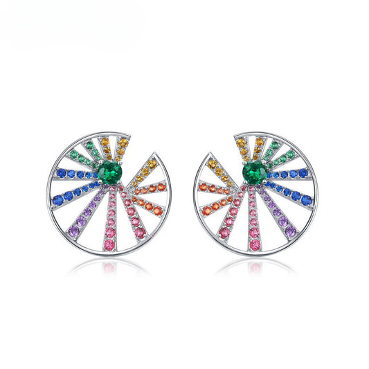 Circle Windmill Rainbow Zircon Silver Stud Earrings