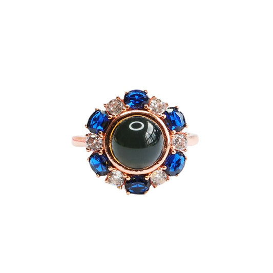 Blue Amber and Zircon Flower Bead Ring with Adjustable Opening