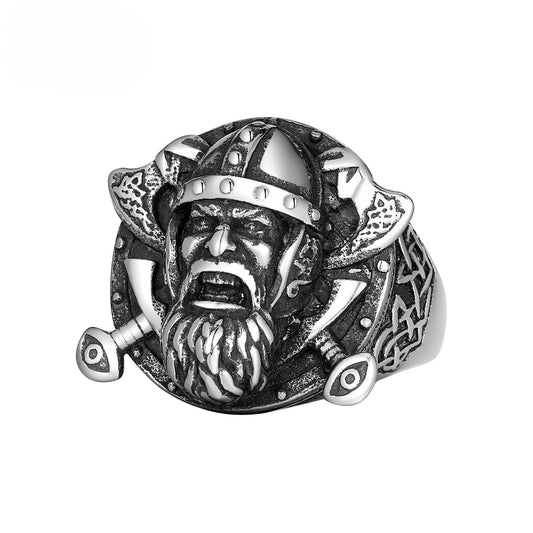 Stainless Steel Ring – Vintage Viking Double Axe Bearded Warrior Jewelry For Men