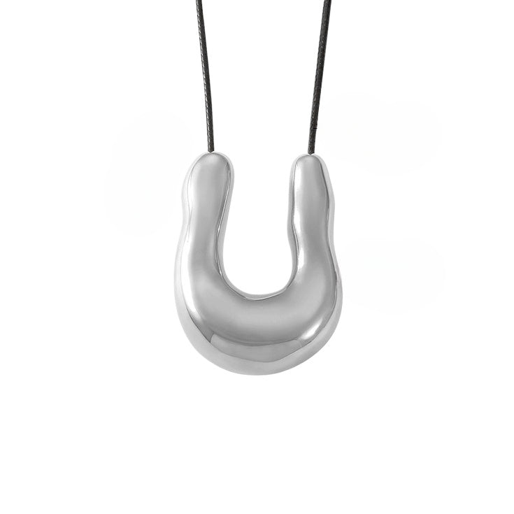 Chic Geometric Pendant Leather Necklace with Titanium Steel Rope