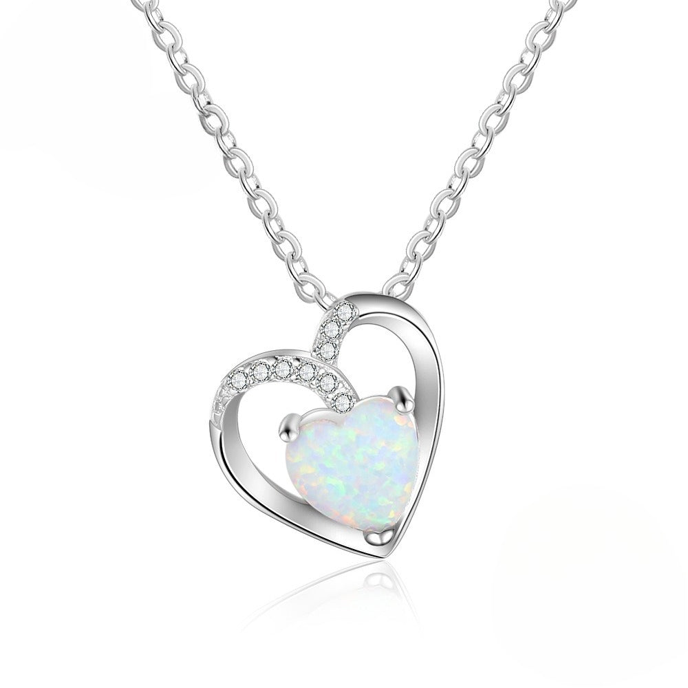 Planderful Jewelry Opal Heart Necklace in Sterling Silver Pendant for Everyday Elegance