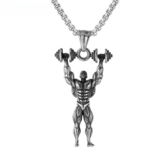 Titanium Steel Gym Barbell Pendant Necklace for Unisex Men and Women by Planderful Everyday Genie